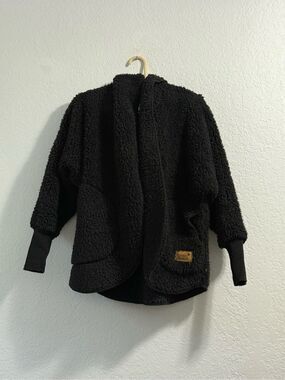 Nordic Beach Black Sherpa Open Front Hooded Fleece Jacket One Size petite